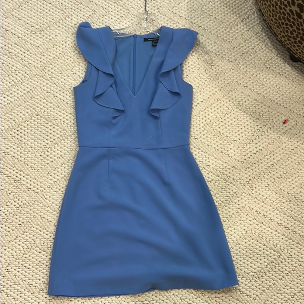 French Connection Blue Ruffled V-Neck Sheath Dress